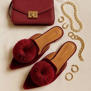 Aquazzura Firenze Velvet Pom Pom Flats Burgundy Red Mules Size 38